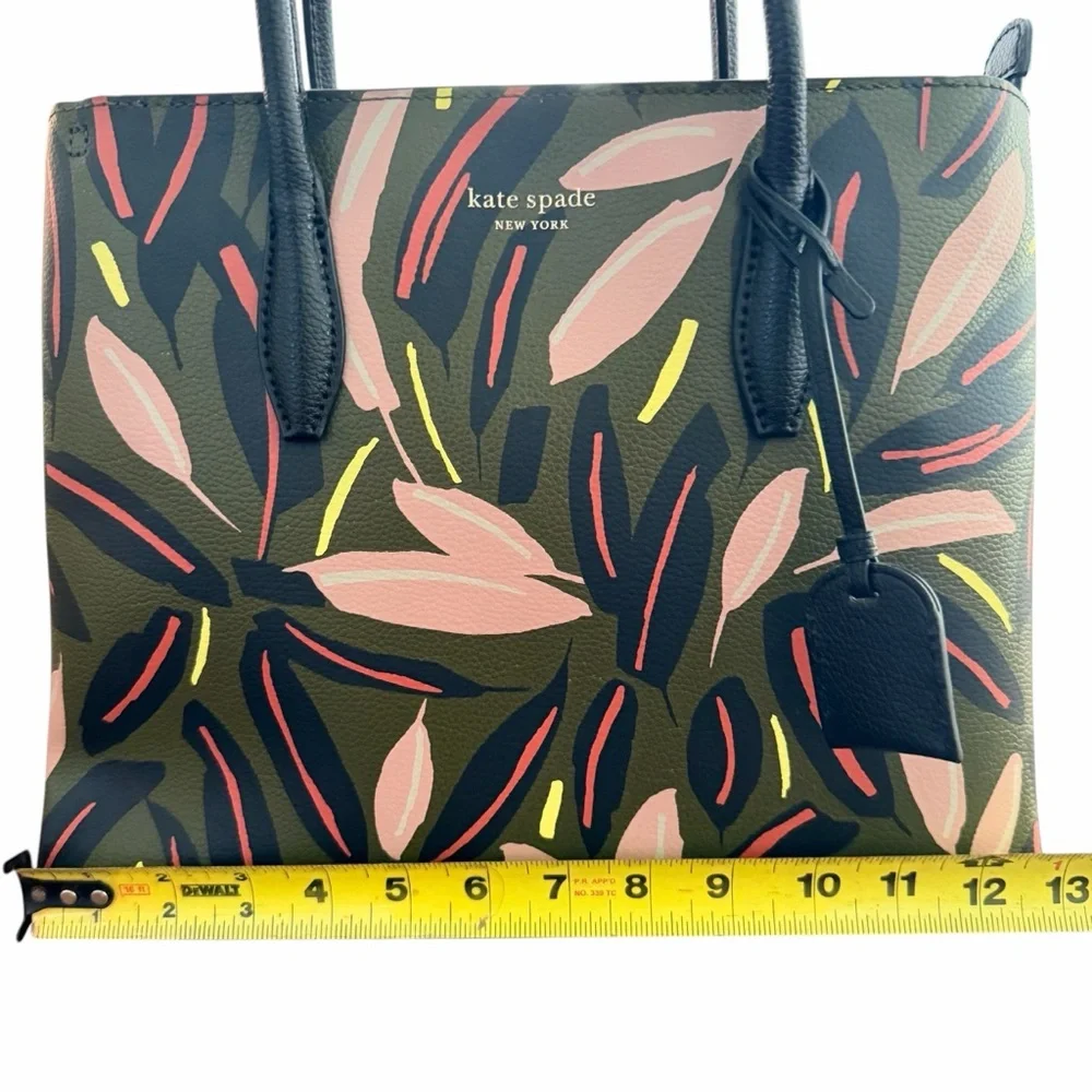 Kate Spade Tropical Boho Structured Tote Olive Floral Print Designer Satchel Bag